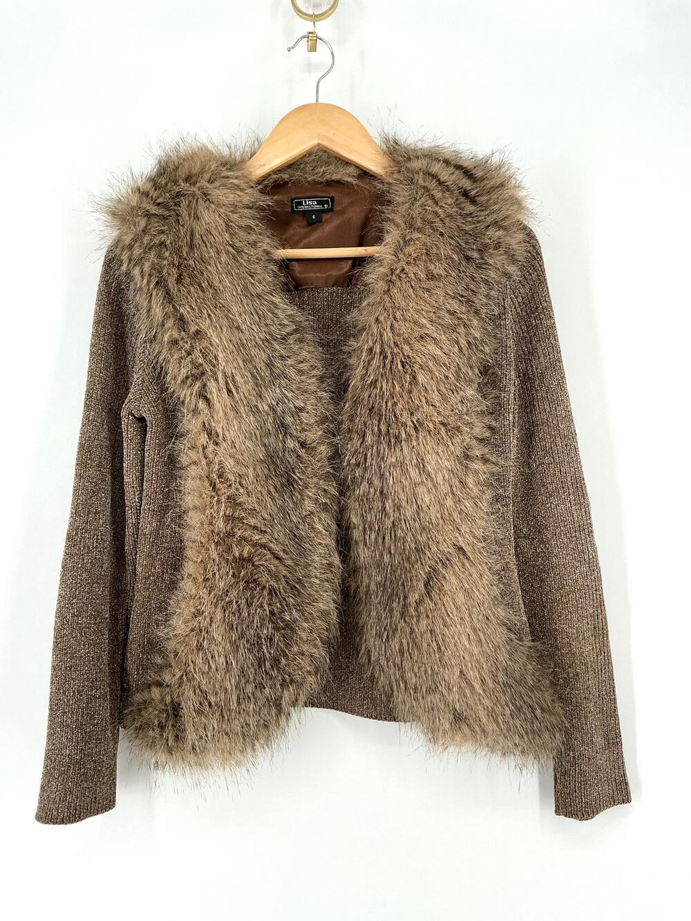 Vintage Lisa International Faux Fur Sweater Jacket Brown Y2K Mob Wife S